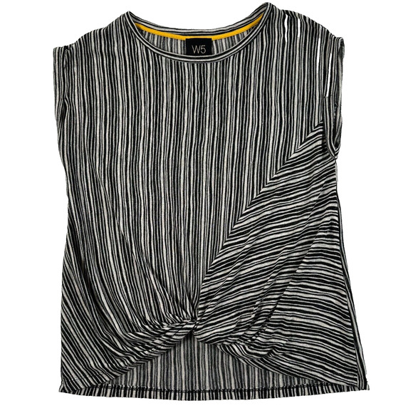 W5 Stripe Knit Cap Sleeve Twist Front Round Neck Top Women's Medium Black White - Picture 1 of 10